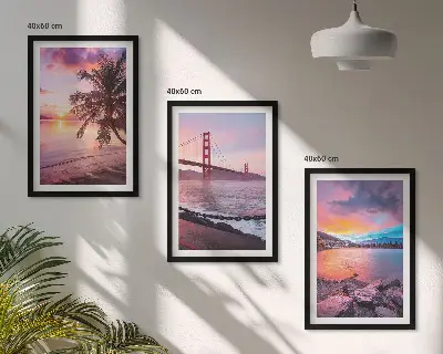 Lot de 3 tableaux pour salon représentant un paysage de pont au coucher du soleil