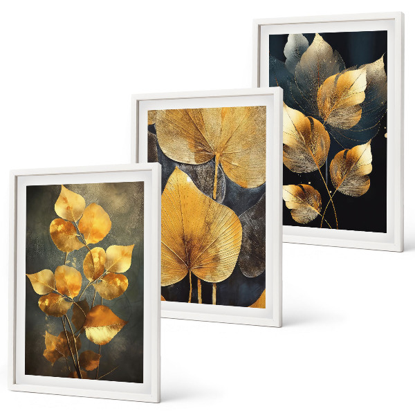 Lot de 3 tableaux pour salon Feuilles jaunes sur fond sombre