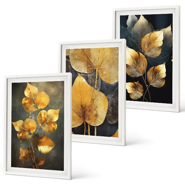 Lot de 3 tableaux pour salon représentant des feuilles jaunes sur fond sombre