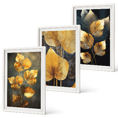 Lot de 3 tableaux pour salon Feuilles jaunes sur fond sombre