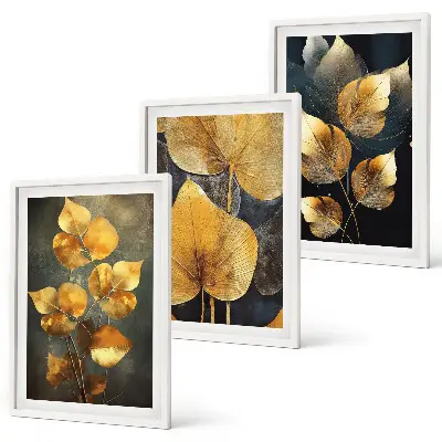 Lot de 3 tableaux pour salon représentant des feuilles jaunes sur fond sombre