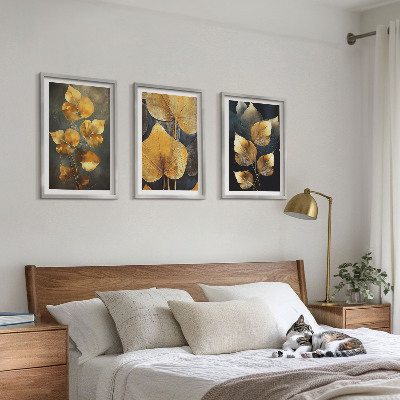 Lot de 3 tableaux pour salon Feuilles jaunes sur fond sombre