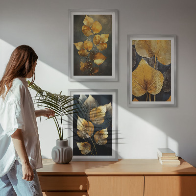 Lot de 3 tableaux pour salon Feuilles jaunes sur fond sombre