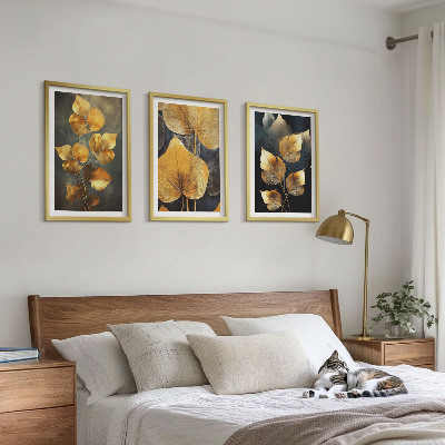 Lot de 3 tableaux pour salon Feuilles jaunes sur fond sombre