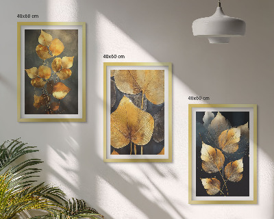 Lot de 3 tableaux pour salon Feuilles jaunes sur fond sombre