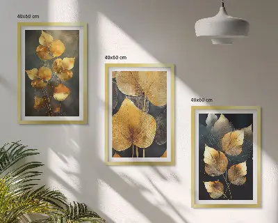 Lot de 3 tableaux pour salon représentant des feuilles jaunes sur fond sombre