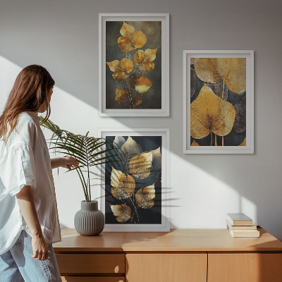 Lot de 3 tableaux pour salon Feuilles jaunes sur fond sombre
