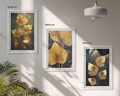 Lot de 3 tableaux pour salon Feuilles jaunes sur fond sombre