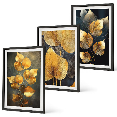 Lot de 3 tableaux pour salon Feuilles jaunes sur fond sombre