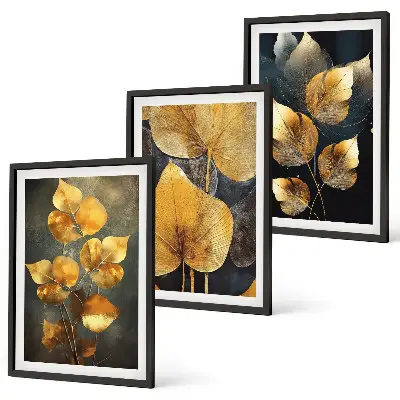 Lot de 3 tableaux pour salon représentant des feuilles jaunes sur fond sombre