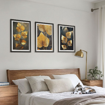 Lot de 3 tableaux pour salon Feuilles jaunes sur fond sombre