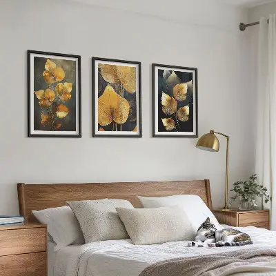 Lot de 3 tableaux pour salon représentant des feuilles jaunes sur fond sombre