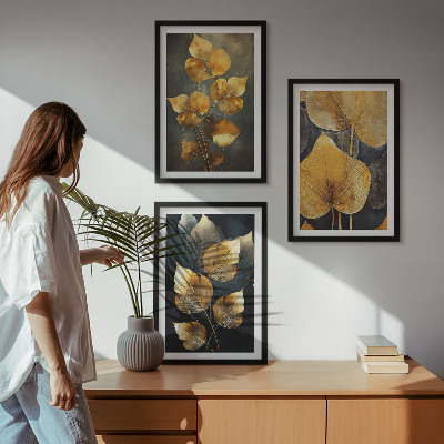 Lot de 3 tableaux pour salon Feuilles jaunes sur fond sombre