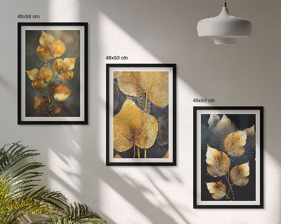 Lot de 3 tableaux pour salon Feuilles jaunes sur fond sombre