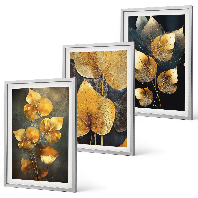 Lot de 3 tableaux pour salon Feuilles jaunes sur fond sombre