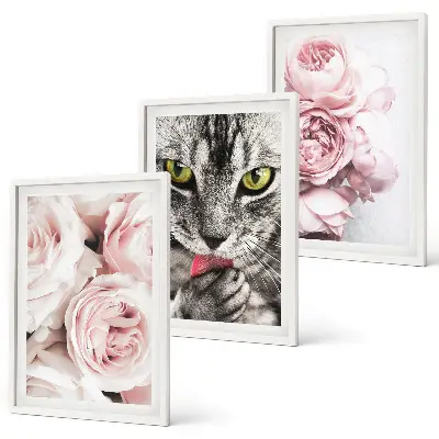 Cadre photo mural motif chat dans des fleurs roses