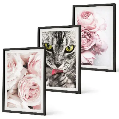Cadre photo mural motif chat dans des fleurs roses