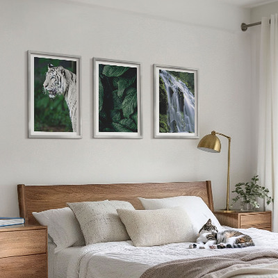 Lot de 3 tableaux pour salon Le tigre blanc laisse une cascade