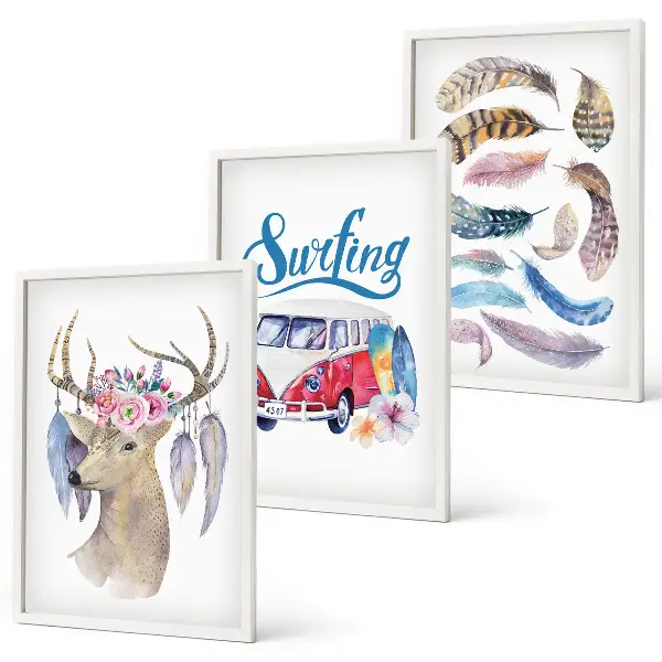 Lot de 3 tableaux pour salon motif fleurs de cerisier et bois de cerf