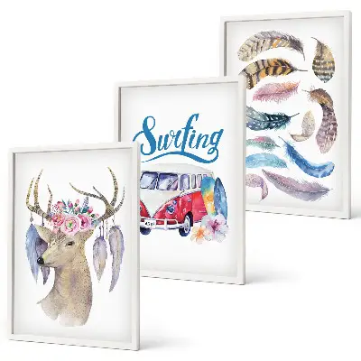 Lot de 3 tableaux pour salon motif fleurs de cerisier et bois de cerf