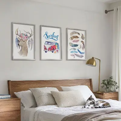 Lot de 3 tableaux pour salon motif fleurs de cerisier et bois de cerf