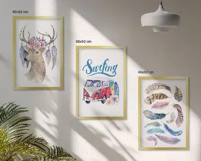 Lot de 3 tableaux pour salon motif fleurs de cerisier et bois de cerf