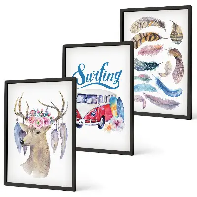Lot de 3 tableaux pour salon motif fleurs de cerisier et bois de cerf