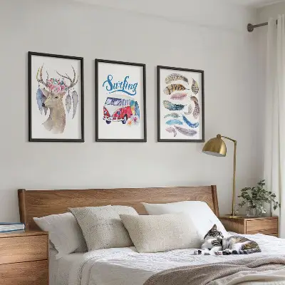 Lot de 3 tableaux pour salon motif fleurs de cerisier et bois de cerf