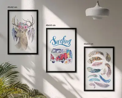Lot de 3 tableaux pour salon motif fleurs de cerisier et bois de cerf
