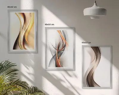 Lot de 3 tableaux pour salon motif ondes jaune gris et brun