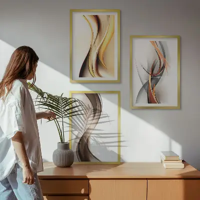 Lot de 3 tableaux pour salon motif ondes jaune gris et brun