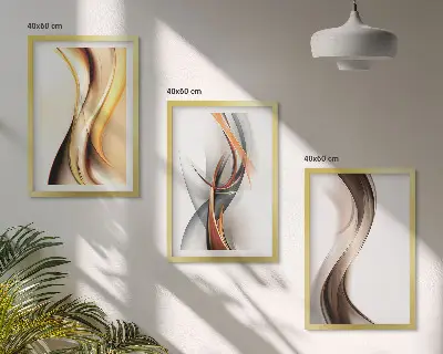 Lot de 3 tableaux pour salon motif ondes jaune gris et brun