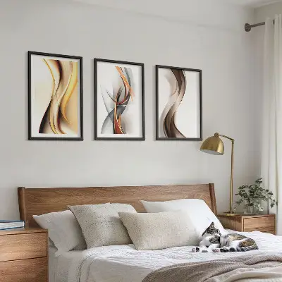 Lot de 3 tableaux pour salon motif ondes jaune gris et brun