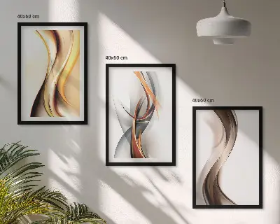 Lot de 3 tableaux pour salon motif ondes jaune gris et brun