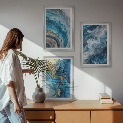 Lot de 3 tableaux pour salon Motifs abstraits bleus