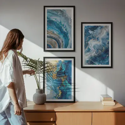 Lot de 3 tableaux pour salon avec motifs abstraits bleus