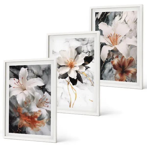 Cadre photo mural avec motif fleurs sur marbre blanc et noir