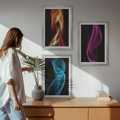 Tableaux pour salon lot de 3 avec lignes de vagues néon sur fond sombre