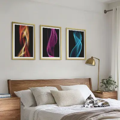 Tableaux pour salon lot de 3 avec lignes de vagues néon sur fond sombre