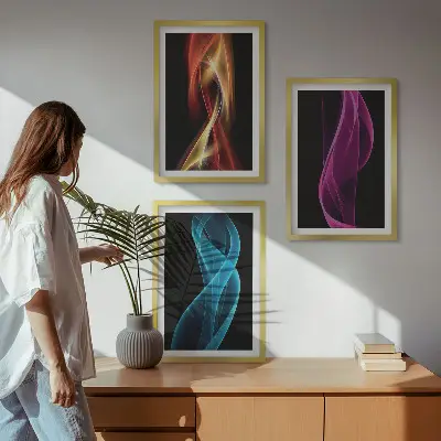 Tableaux pour salon lot de 3 avec lignes de vagues néon sur fond sombre