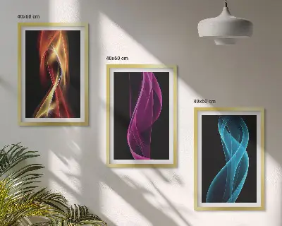 Tableaux pour salon lot de 3 avec lignes de vagues néon sur fond sombre