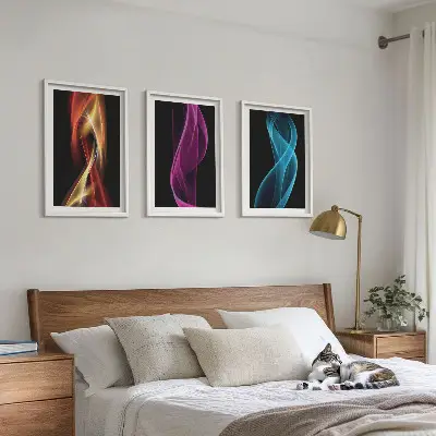 Tableaux pour salon lot de 3 avec lignes de vagues néon sur fond sombre