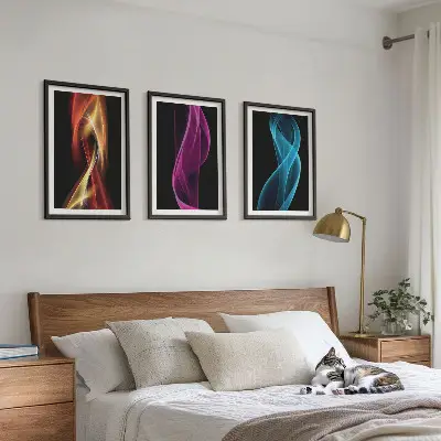 Tableaux pour salon lot de 3 avec lignes de vagues néon sur fond sombre