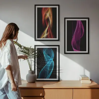 Tableaux pour salon lot de 3 avec lignes de vagues néon sur fond sombre