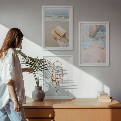Lot de 3 tableaux pour salon Livre abstrait sur la mer bohème