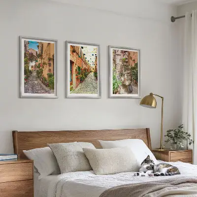 Lot de 3 tableaux pour salon avec motif rues et fleurs aux couleurs de l'Italie