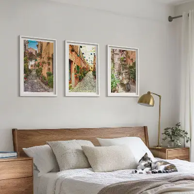 Lot de 3 tableaux pour salon avec motif rues et fleurs aux couleurs de l'Italie