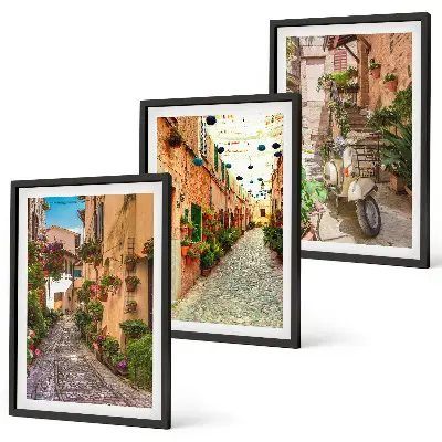Lot de 3 tableaux pour salon avec motif rues et fleurs aux couleurs de l'Italie