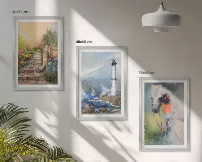 Cadre photo mural avec motif de phare, paysage et fille à cheval