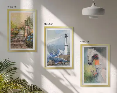 Cadre photo mural avec motif de phare, paysage et fille à cheval